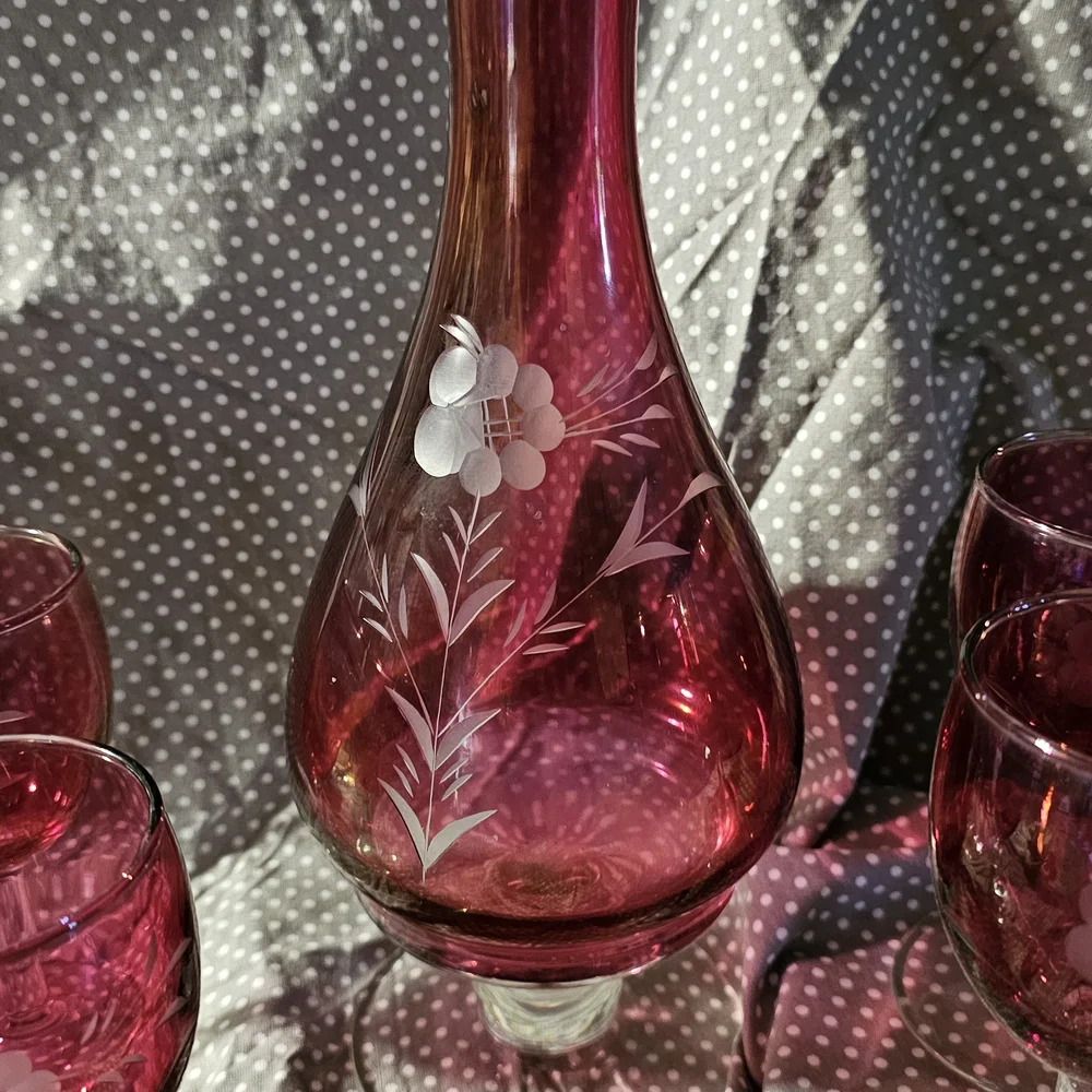 Ruby Red Etched Glass Decanter Set - 6 Stemmed Glasses